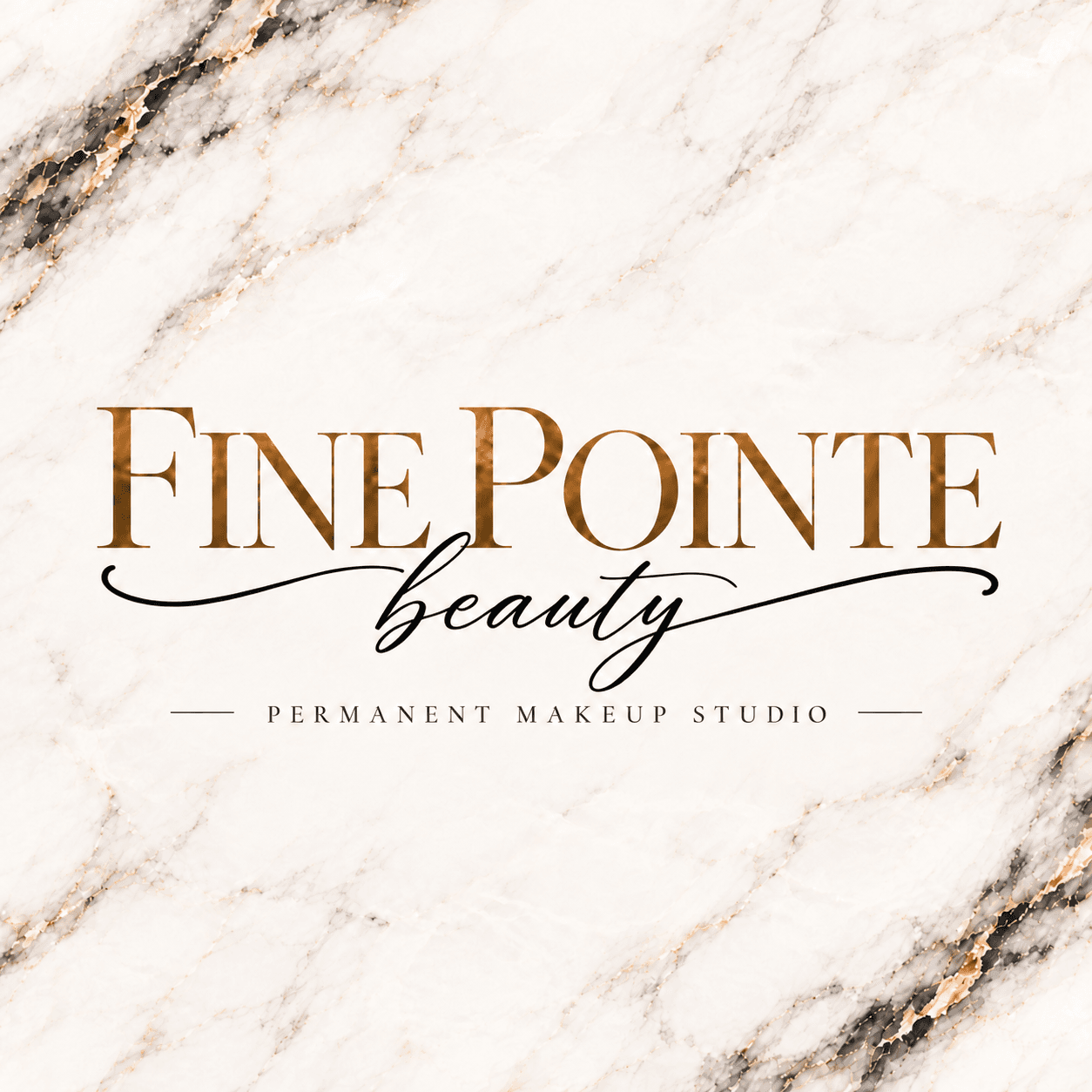 Fine Pointe Beauty, permanent makeup studio, on ivory marble with gold details